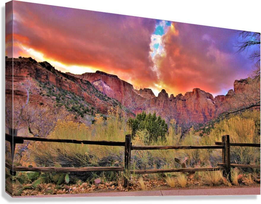 sunset zion fence Canvas Print