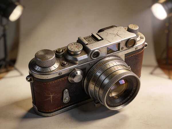 Vintage Rangefinder Camera on Studio Backdrop - Retro Leather Film Camera Illustration by Yayadesign