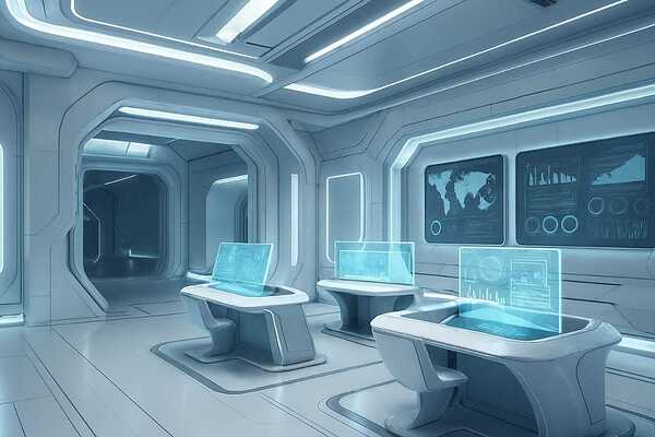 Futuristic Sci-Fi Command Center - High-Tech Laboratory Interior with Holographic Displays by Yayadesign