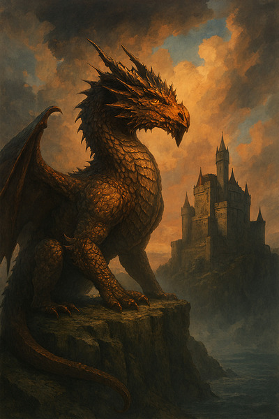 Majestic Dragon and Medieval Castle Wall Art - Epic Fantasy Landscape Decor for Living Room by Yayadesign