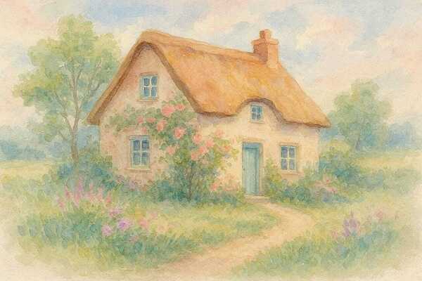 Rustic Thatched Cottage Watercolor Painting - Charming Countryside English Garden Illustration by Yayadesign