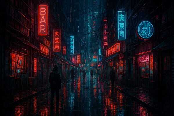 Cyberpunk Neon City Street at Night - Futuristic Rain-Slicked Urban Landscape by Yayadesign