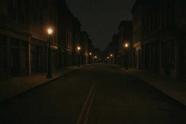 Eerie Empty Street at Night - Dark Cinematic Urban Landscape with Street Lamps by Yayadesign