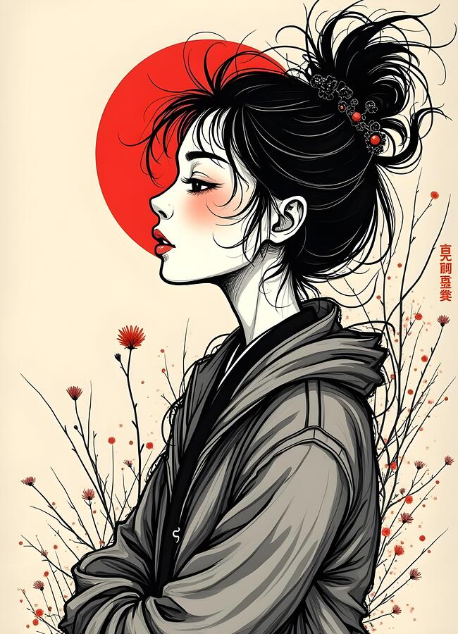 Japanese Woman with Red Sun by BayArt Wall Art