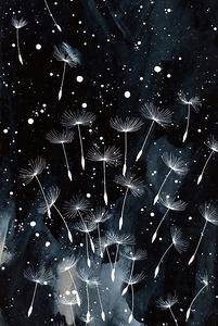 Dandelion Seeds Cosmic Night Sky - Monochrome Starry Watercolor Art