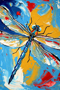 Vibrant Blue and Yellow Impasto Dragonfly