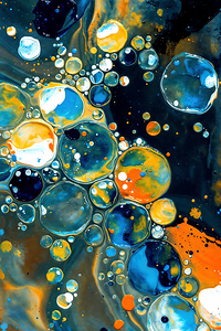 Abstract Blue and Gold Fluid Art - Vibrant Liquid Bubbles Macro