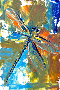 Abstract Expressive Dragonfly in Blue and Orange