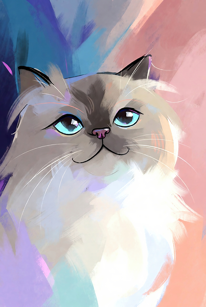 Sweet Ragdoll Cat Portrait - Bright Blue Eyes and Pastel Abstract Art Print
