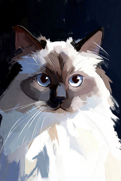 Blue-Eyed Ragdoll Cat Portrait Digital Painting Print