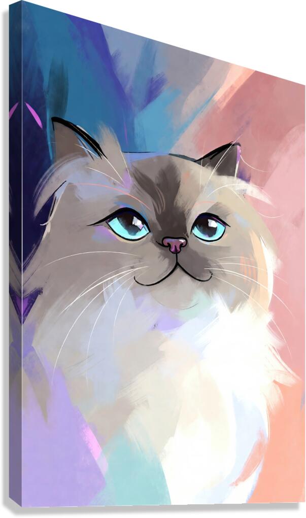 Sweet Ragdoll Cat Portrait - Bright Blue Eyes and Pastel Abstract Art Canvas Print