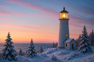Lighthouse in Hushed Snow