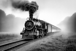 Black and White Appalachian Steam Train in Fog