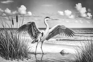 Pelican on Beach – Coastal Morning Black and White
