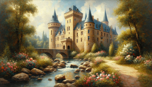 European Fairytale Castle with Flowers and Stream