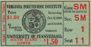 1929 Virginia Tech vs. Penn Football Ticket Art