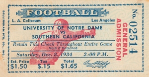 1934 Notre Dame Irish vs. USC Trojans Football Ticket Art