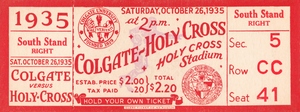 1935 Holy Cross Crusaders vs. Colgate Red Raiders Football Ticket Stub Art