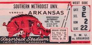 1941 Arkansas Razorbacks vs. SMU Mustangs Ticket Stub Art | Row 1