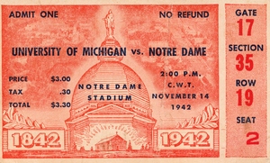 1942 Michigan vs. Notre Dame Football Ticket Stub Art