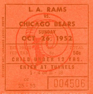 1952 la rams chicago bears nfl ticket art wood print