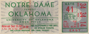 1953 Notre Dame vs. Oklahoma Football Ticket Stub Art