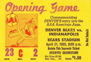 1955 aaa baseball denver bears opening game baseball ticket stub frame canvas