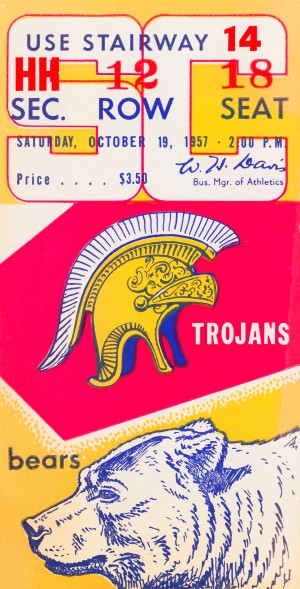 1957 cal bears usc trojans california memorial stadium football ticket art sports gift idea