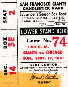 1961 San Francisco Giants vs. Chicago Cubs Ticket Art