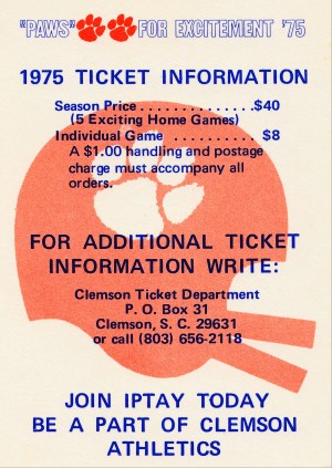 1975 clemson tigers football season ticket order form poster