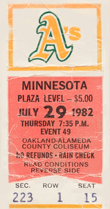 1982 Oakland Athletics vs. Minnesota Twins Ticket Art