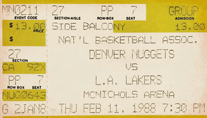 1988 LA Lakers vs. Denver Nuggets Ticket Stub Art