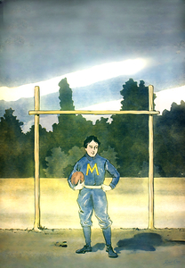 Early 1900s Michigan Football Player Standing in Front of Goal Post
