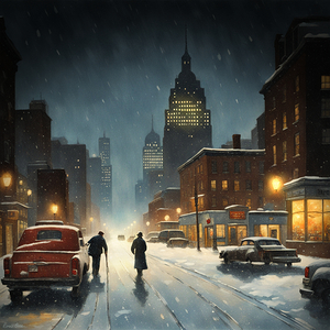 big city snow at night 