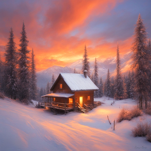 orange sky snowy cabin in mountains