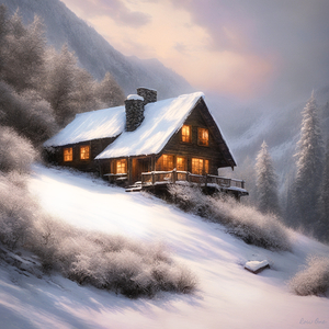 snowy cabin in mountains