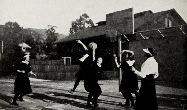 Women Playing Basketball Outside in 1921 Print