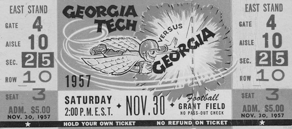 1957 Georgia Tech vs. Georgia Black and White Ticket Remix Print