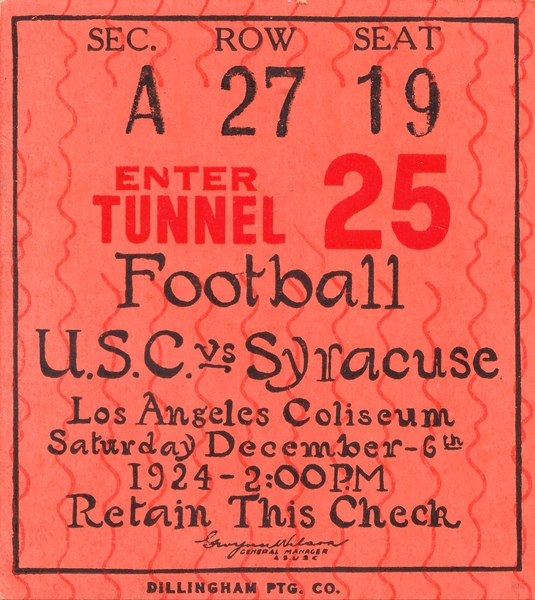 1924 USC vs. Syracuse Football Ticket Stub Metal Sign Print