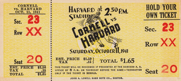 1941 Cornell vs. Harvard Football Ticket Canvas Print