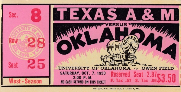1950_College_Football_Oklahoma vs. Texas A&M_Owen Field_Row One Brand Ticket Stub Print