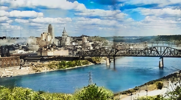 1950s cincinnati cityscape river art Print