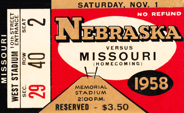 1958 Nebraska Cornhuskers vs. Missouri Tigers Ticket Art Print
