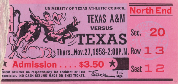 1958 Texas AM vs. Texas Longhorns Football Ticket Art Print