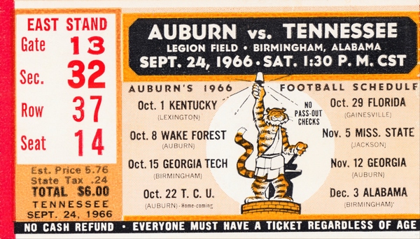 1966 Tennessee vs. Auburn Football Ticket Stub Art Print