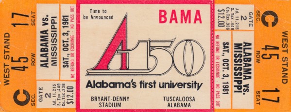 1981_College Football_Alabama vs. Ole Miss_Bryant Denny Stadium_Alabamas First University_Ticket Print