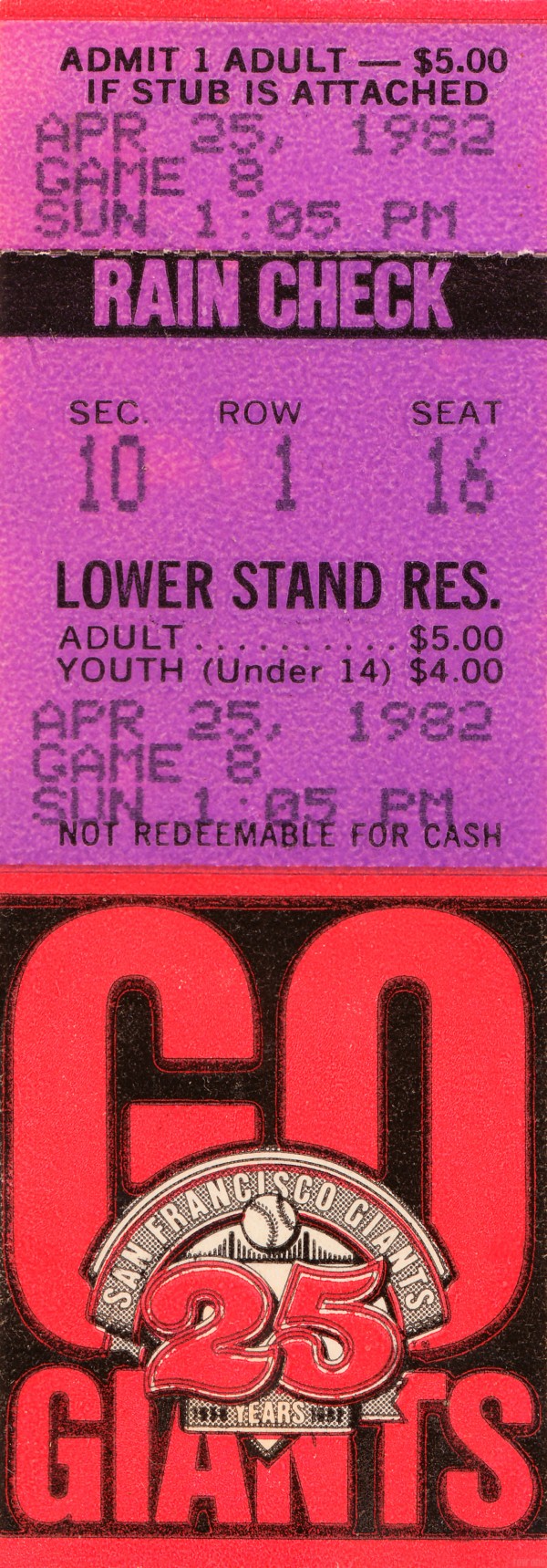 1982 San Francisco Giants Ticket Stub Art  Print