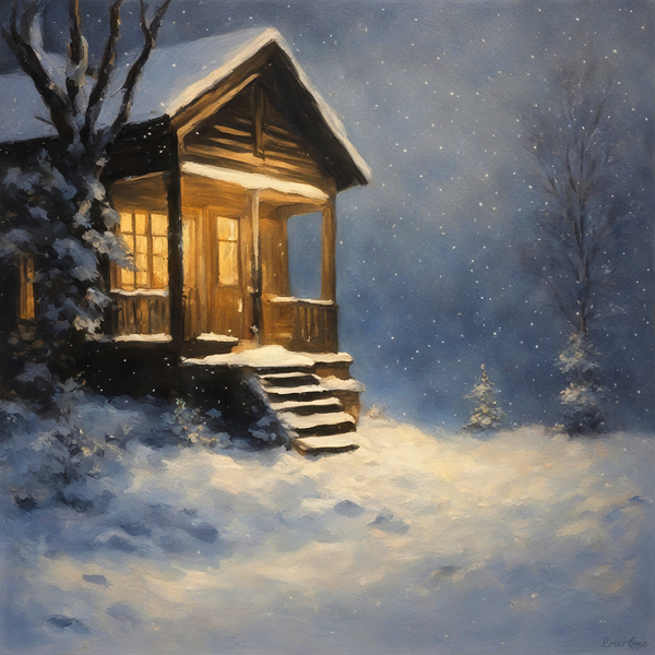 beautiful snowy night log cabin art Print