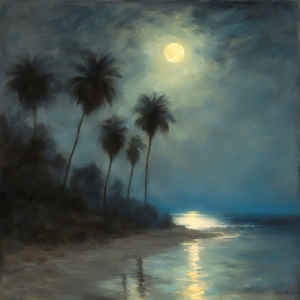 palm trees and moon at night Print