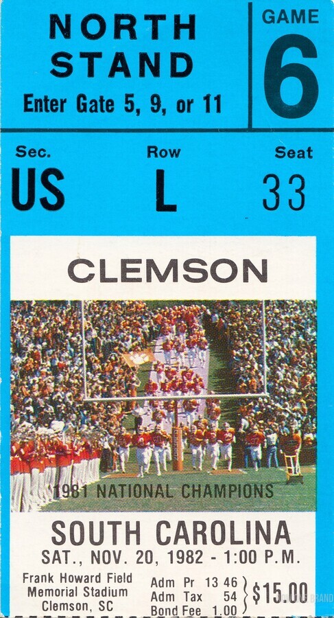 1982 Clemson South Carolina Football Ticket Art by Row One Brand Wall Art